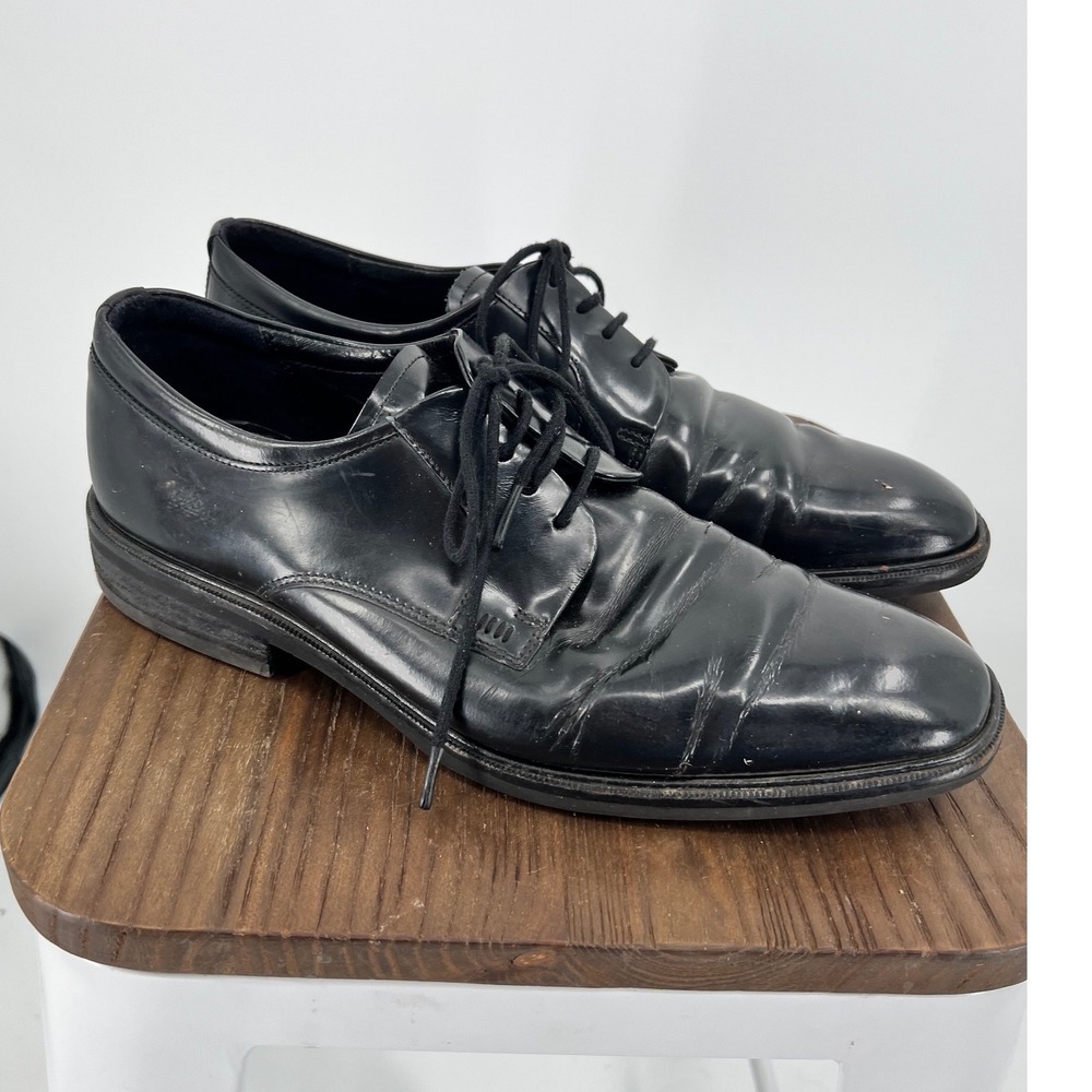 ECCO Mens Black Leather Derby Shoes Lace Up Shock Point Dress Shoes Size 42